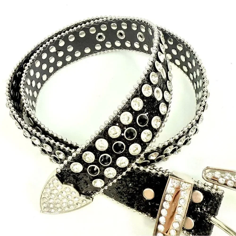 Western Rhinestone Studded Black Glitter Leather Glam Belt with Metal Buckle